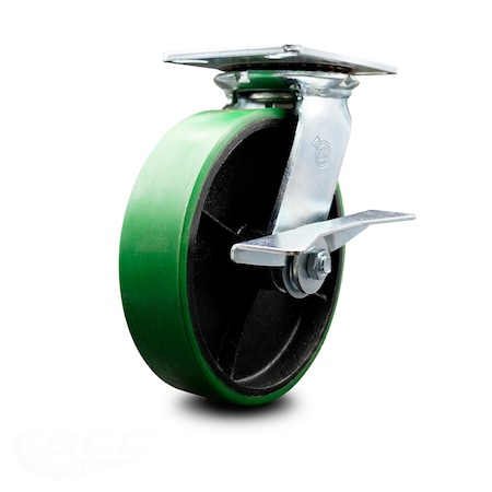 8 Inch Heavy Duty Green Poly On Cast Iron Caster With Ball Bearing And Brake SCC